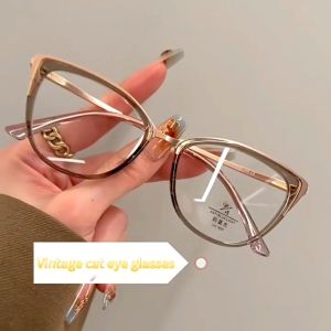 Fashionable White Tea-colored Large Frame Round Face Myopia Glasses Elegant Female Cat Graded Glasses for Nearsighted