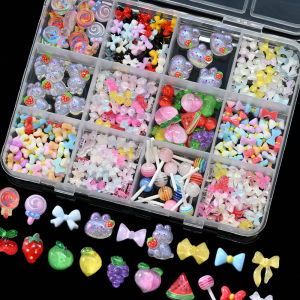 12Grids 3D Cute Rabbit/Bow/Lollipop Nail Charms Resin Summer Fruits Nail Art Decoration DIY Kawaii Phone Case Manicure Accessory