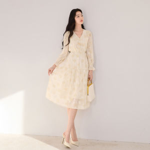 XIANGYING | Yellow Floral V-Neck Fitted Long-Sleeve Chiffon Dress