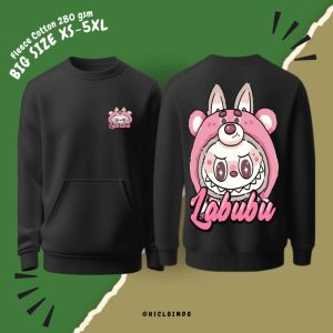 Hoodie Jumper HSCLO Cartoon Labubu Pink Warna Hitam Bahan Fleece Jaket Lengan Panjang Ukuran Jumbo Big Size XS S M L XL XXL 3XL 4XL 5XL