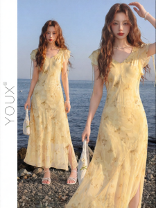 YOUXIANG | Đầm Hè Kiểu Pháp In Hình Bướm Ôm Body Dài