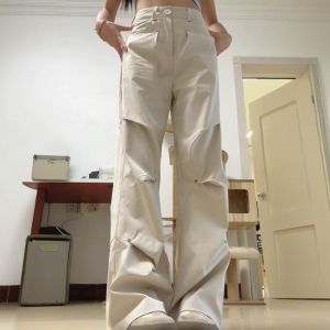 High Waist Rivet Workwear Pants Womens Quick Dry Floor Length Casual Straight Leg Wide Leg Pants Spring Autumn New Style