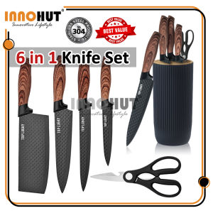 Innohut Set 6pcs Stainless Steel Kitchen Knife Set Holder Pisau Dapur Pisau Chef Cooking Knives Pisau Daging Sayur