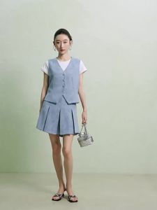 SUSHE | Intellectual Style Denim Mix Yarn Jacquard Gilet and Pleated Skirt Pants Set