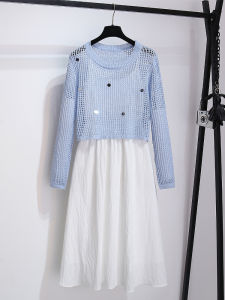 Blue Knitted Open-Shirt over White Strap Dress Womens Two-Piece Set Spring Summer French Style Hollow out Soft Polyester Long Sleeve Dress