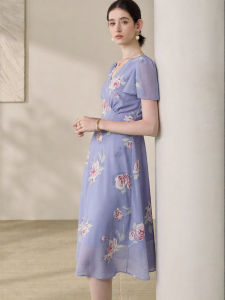 Roey s house | Resort Style Printed V-Neck Waist-Cinching Slimming Dress