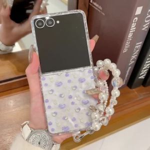 szhaiyu | For Samsung Galaxy Z Flip 8 7 6 5 4 Case With Wrist Strap Shockproof Water Ripple Transparent Blueberry Pattern Back Cover Funda