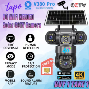 Three Lens Solar CCTV Camerea V380 Pro Outdoor Waterproof No WIFI Needed Surveillance PTZ Wireless Night Vision Two-way audio Motion Detection Alarm IP Camera