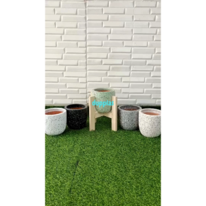 Pot Tanah Liat Pot Terasso Kecil Motif Hujan Variasi Warna + Standing Pot Kayu Kaki 4 Pot Tanaman Hias Dekorasi Rumah