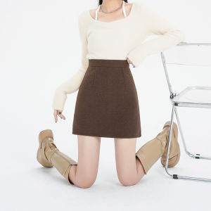 Caramel Woolen Mini Skirt Womens High Waist A-Line Elegant Slim Fit Short Skirt for Petite Ladies Autumn Winter Fashion