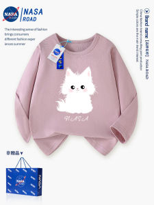 NASA Kitty Long Sleeve Childrens T-Shirt Girls Spring Top Cartoon Kids Base Shirt Breathable Cotton Polyester round Neck