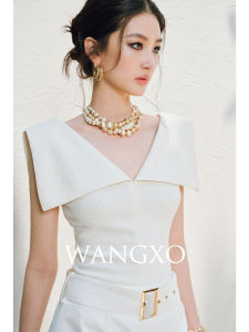 WANGXO | Áo Knit Vòng Cổ V Dài Tinh Tế Bóng Bẩy