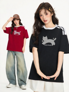 Gbiaior | Vintage Cat Print Patchwork Couple T-Shirts Round Neck Short Sleeve