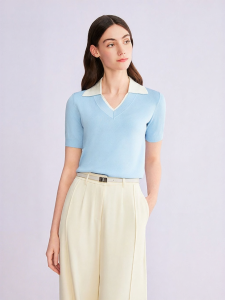 Fashionable Elegant Rejuvenating Contrasting Color Seagull Collar Silk Blend Knitwear