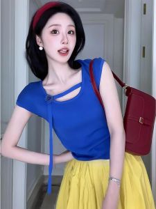 HUOLISI | Klein Blue Hollow Lace Cap Sleeve T-Shirt for Women