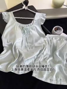 Advanced smooth Ice Silk sleepwear with padded Womens Summer Pajamas New Style Flying Sleeve Shorts pyjamas Set loose Home Clothes Can be worn externally
