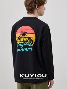 Kuyiou/Back Sunset Print 260G Heavy Weight Long-Staple Cotton Drop Shoulder Loose round Neck Long Sleeves T-shirt for Men