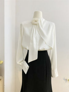 French Elegant Stand Collar Satin Shirt Womens Long Sleeve Spring Design Sensation Floral Draped Top Korean Style Commute Pure Color
