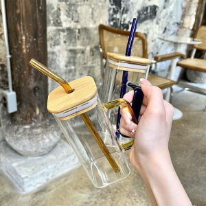 Talao 400ml Creative Square Borosilicate Glass Cup with Colored Handle and Bamboo lid & Glass Straw Juice/Coffee
