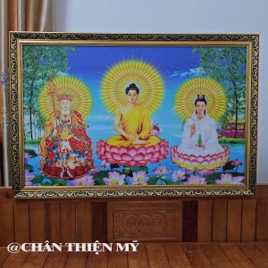 Tranh Ta Bà Tam Thánh Treo Tường Có Đèn Khung Cao Cấp Trang Trí Bàn Thờ Phật Treo Phòng Thờ NTPTTN-36