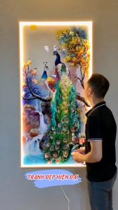 Tranh Điện Đính Đá Pha Lê + Đèn LED Chim Công Cao Cấp Treo Tường Decor Phòng Khách Phòng Ngủ...