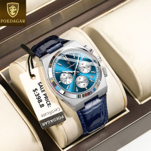 นาฬิกาสวิสยี่ห้อ POEDAGAR โครโนกราฟสำหรับผู้ชายของแท้กันน้ำได้อเนกประสงค์ปฏิทินหนังแท้นาฬิกาลำลองเรืองแสง