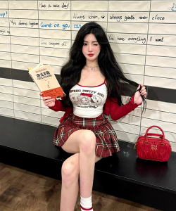 Áo Thun Co Giãn Cơ Bản Mùa Hè 2024 Pure Desire Hot Bé Gái Cherry Cheese Manga Áo Thun Bó Sát Cổ Chữ V Tay Ngắn