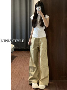 Khaki Wide Leg Denim Jeans Womens High Waist Slimming Short Retro Style Straight Leg Pants Summer New Arrival