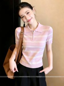 Pink Striped Polo Neck Slim Fit Short Sleeve Knit Shirt