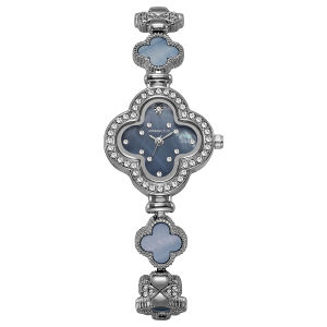 Luxury Four Leaf Clover Womens Quartz Watch Diamond Encrusted Shell Dial Bracelet Watch Silver Tone Elegant Ladies Wristwatch