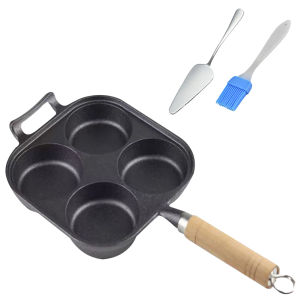 [Winnereco Flagship Mall]Cast Iron 4-Cup Egg and Pancake Pan with Oil Brush Non-Stick Breakfast Cooking Pan for Omelets and Eggs Black
