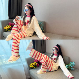 Girls Coral Fleece Sleepwear Winter Home Clothes Long Sleeve round Neck Comfortable Warm Anti-static Moisture-wicking Half Velvet