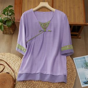 LUCKIN เสื้อเชิ้ตผ้าบางปักลายศิลปะจีนเสื้อแจ็คการ์ดแขนสั้นปะต่อสำหรับผู้หญิงสไตล์ใหม่ฤดูร้อนเสื้อคอกลมสำหรับผู้หญิง