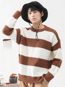 ROMON | Lormen Mens Knitted Sweater Winter Loose Fit Round Neck Thickened Warm Striped Base Shirt Fashionable Urban Style Long Sleeve