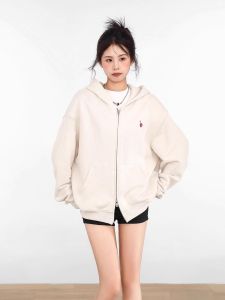 Pink Double Zipper Thin Hoodie Jacket Womens Autumn Winter Thickened Loose Small Size Lazy Style Open Cardigan Sweatshirt
