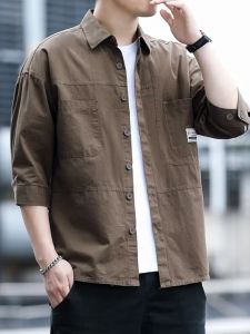 Mens Short Sleeve Cotton Shirt Casual Summer Fashion Turn-down Collar Leisure Workwear Seven-eighth Sleeve Mens Handsome Jacket