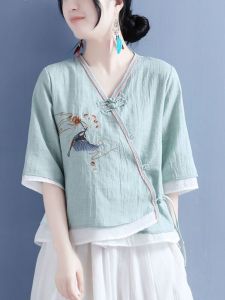 Loose Cotton Linen Embroidered Shirt V-Neck Mid-Sleeve Womens Fashion Spring Summer Artistic New Chinese Style Button up Top