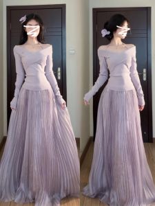 Loose High Waist Purple Long Skirt Womens Spring Autumn New Style Korean Gentle Wind Pleated Midi Skirt A-Line Skirt