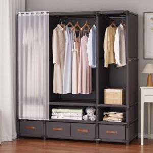 ราวตากผ้า พร้อมตะกร้า+ผ้าม่าน+ที่แขวนหมวก 3 in 1 ราวแขวนเสื้อ เก็บของมาก กันฝุ่น โครงเหล็ก ขนากใหญ่