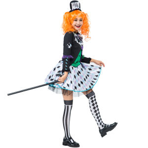 Halloween Costume for Women Adult Argyle Printed Women Dress Pretend Play Stage Play Magician Costume Set Joker Cosplay Costume Set Birthday Party Dress for Women Photoshoot Costume Bar Magic Performance