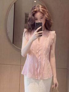YIKEMAI | V-Neck Ruffle Sleeveless Slim Fit Versatile Womens Blouse