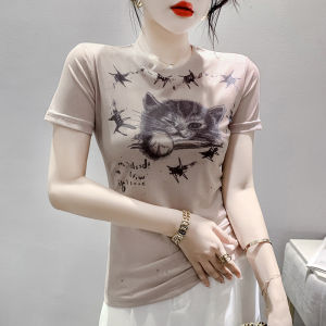 REHIN Fashion mesh floral printed short sleeve round neck T-shirt Slim-fit elegant womens top