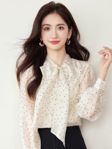 French Elegant Polka Dot Bow Tie Pearl Shirt Womens Long Sleeve Top Spring 2025 Design Sensation Chic Commute Style Loose Fit