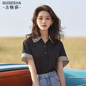 เสื้อยืดคอโปโลแขนสั้นผู้หญิง สีดำ ทรงหลวม ดีไซน์เก๋ไก๋ แฟชั่นฤดูร้อน เสื้อผ้าทำงานสไตล์ฮ่องกง