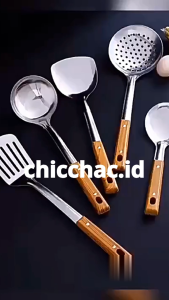 Peralatan Memasak Motif Gagang Kayu / Stainless Tebal Irus Sodet Skimmer / Centong Alat Masak Kayu Anti Panas