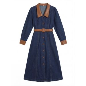 RELNLEX | Đầm Dài Denim Nút Cổ Điển Pháp Plus Size