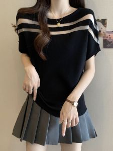 Ice Silk Thin Short Sleeve T-shirt for Women Summer Large Size Underwear Plus Size Apparel Slimming Pure Desire Mesh Hollow Top