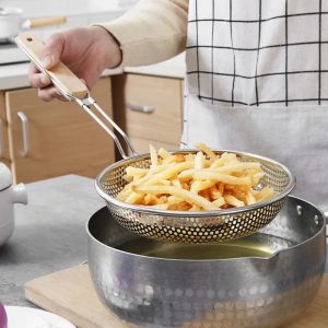 Stainless Steel Handhold Frying Skimmer Wooden Handle Oil Drainer Anti-slip Soup Foam Filter Kitchen Accessories