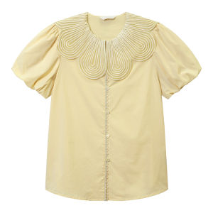 NIHAOKANONG | Áo Blouse Mùa Hè Tay Ngắn Màu Sắc Sạch Kiểu Cổ Pháp