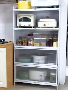 Black Carbon Steel Cabinet Shelf Microwave Shelf Kitchen Storage Shelf Grocery Shelf Cabinet Shelf with Door and Wheels